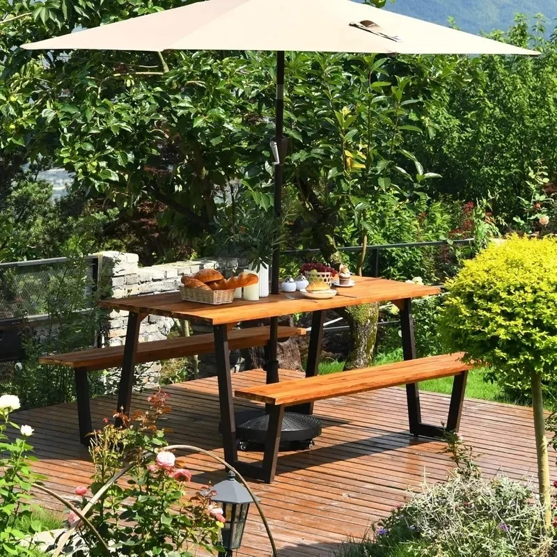 

6ft Wooden Picnic Table Bench Set, Outdoor Dining Furniture in Farmhouse Style with 2'' Umbrella Hole