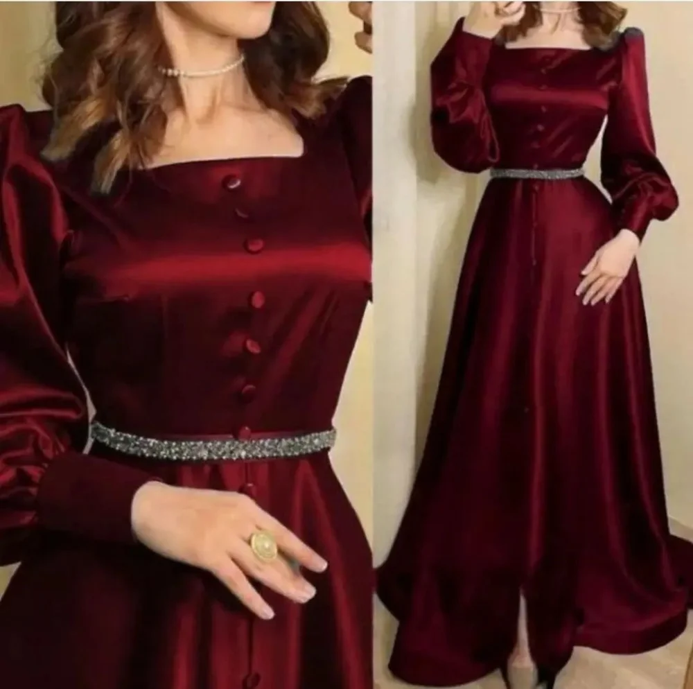 Square Collar Robe De Soirée Long Evening Gown Customized  Formal Party Dress Satin Long Sleeves Beading Prom Dresses