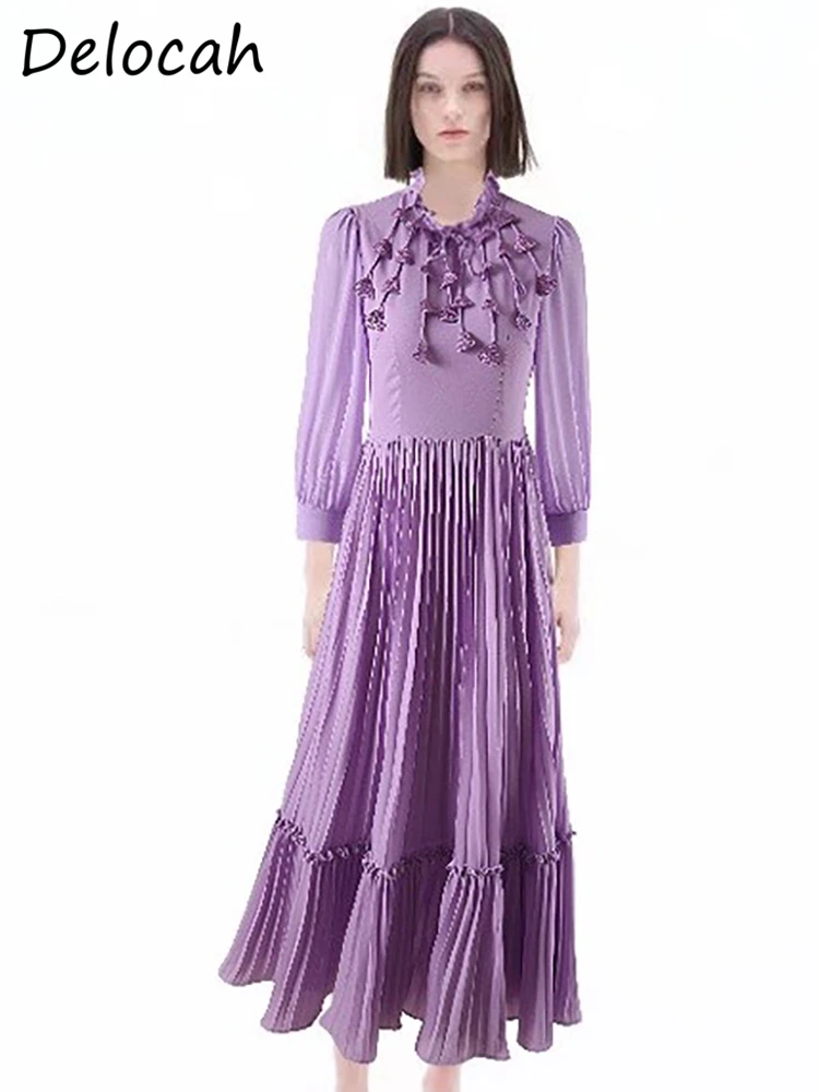 

Delocah High Quality Summer Women Fashion Runway Purple Dress Lantern Half Sleeve Appliques Shirring Ruffles Trim Long Dresses