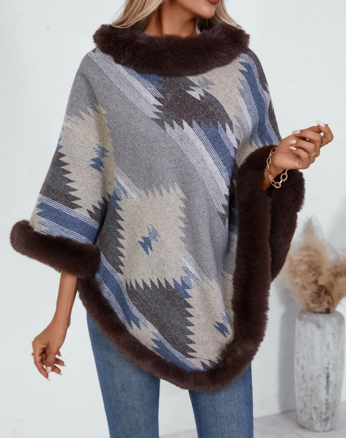 

Elegant Cape Jacket Women's Hooded Shirt Winter Casual Cape Fur Collar Geometric Pattern Knitted Shawl Thick Coral Fleece Jacket