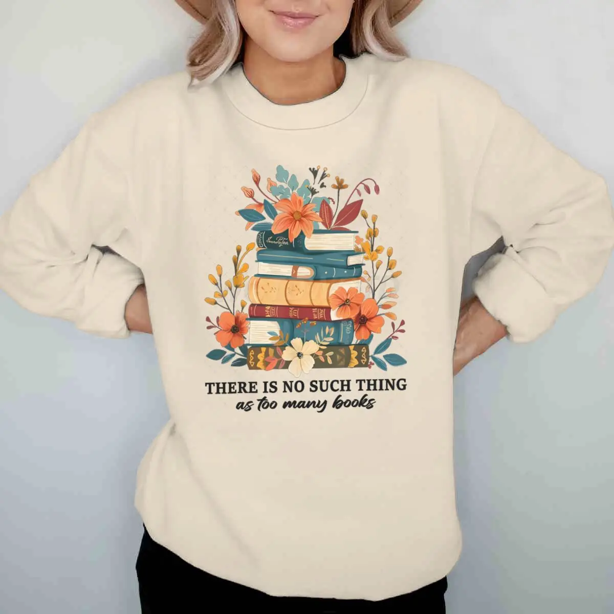 Boeken met bloemen Design Dames Sweatshirt Grafisch Boekenliefhebber Kleding Er is geen zulke dingen als te veel boeken Damestrui