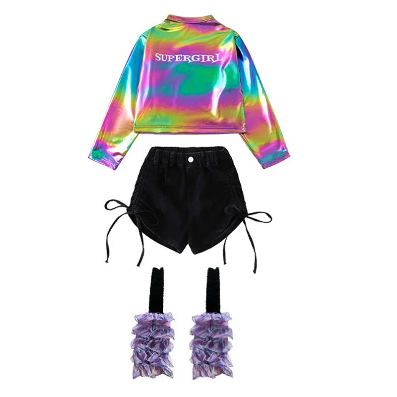 Girls Hip Hop Sets Laser Crop Top K-pop Shorts Street Dance Shiny Clothes Kids Jazz Costume Child Streetwear