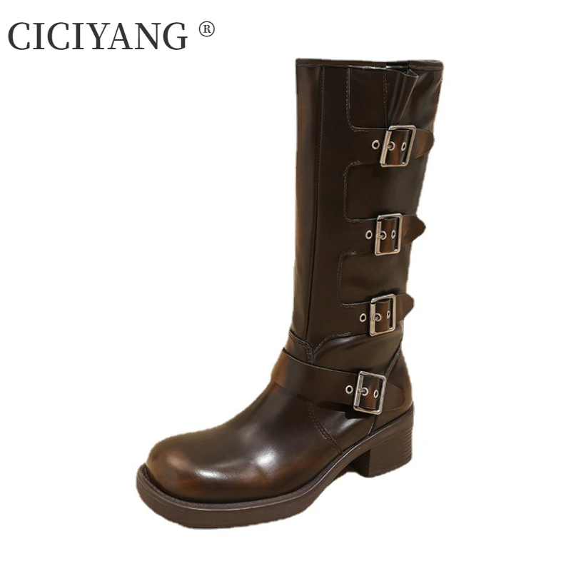 

CICIYANG Women Brown Boots Genuine Leather 2024 New Autumn Knight Boots Ladies Knee Length Long Boots Big Head Motorcycle Boots