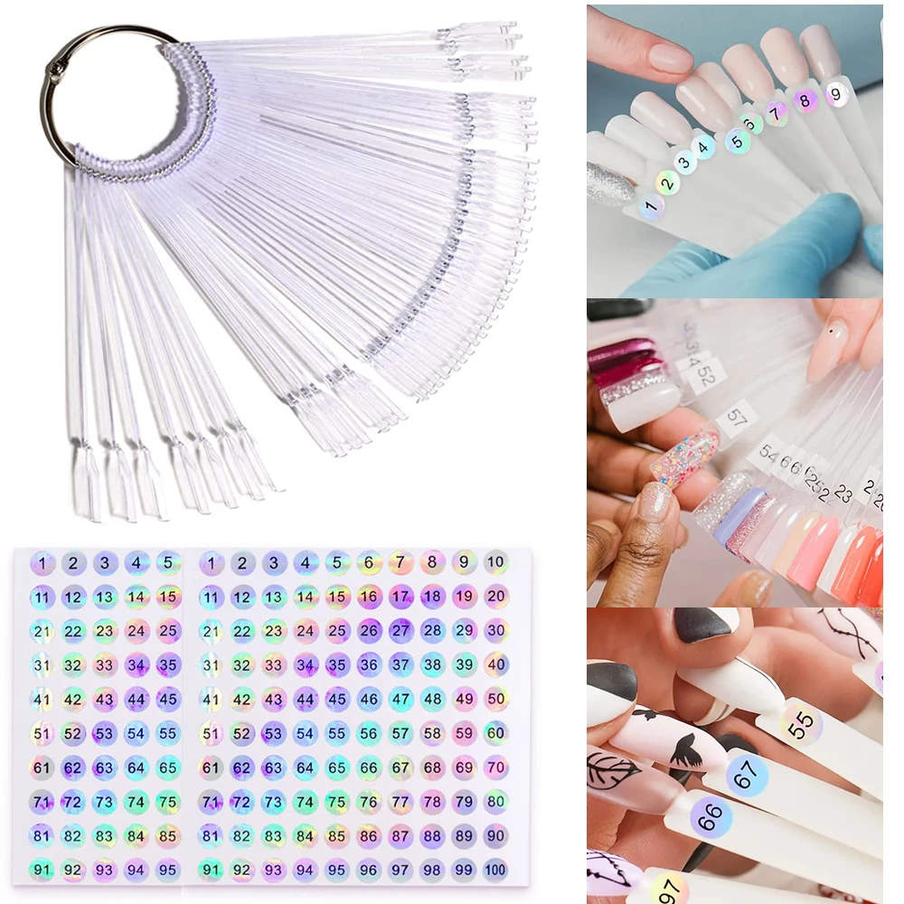 

50Pcs Nail Swatch Sticks with Number Stickers False Nail Display Tips Fan-shaped Nail Polish Practice Samples Paint Supplies