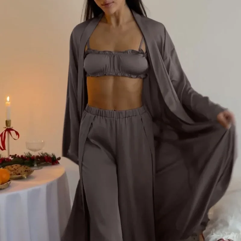 

Элегантный комплект свободных брюк, осенний женский комплект из трех предметов для отдыха, пижамный кардиган с длинными рукавами, топ без рукавов, брюки с разрезом, спортивный костюм