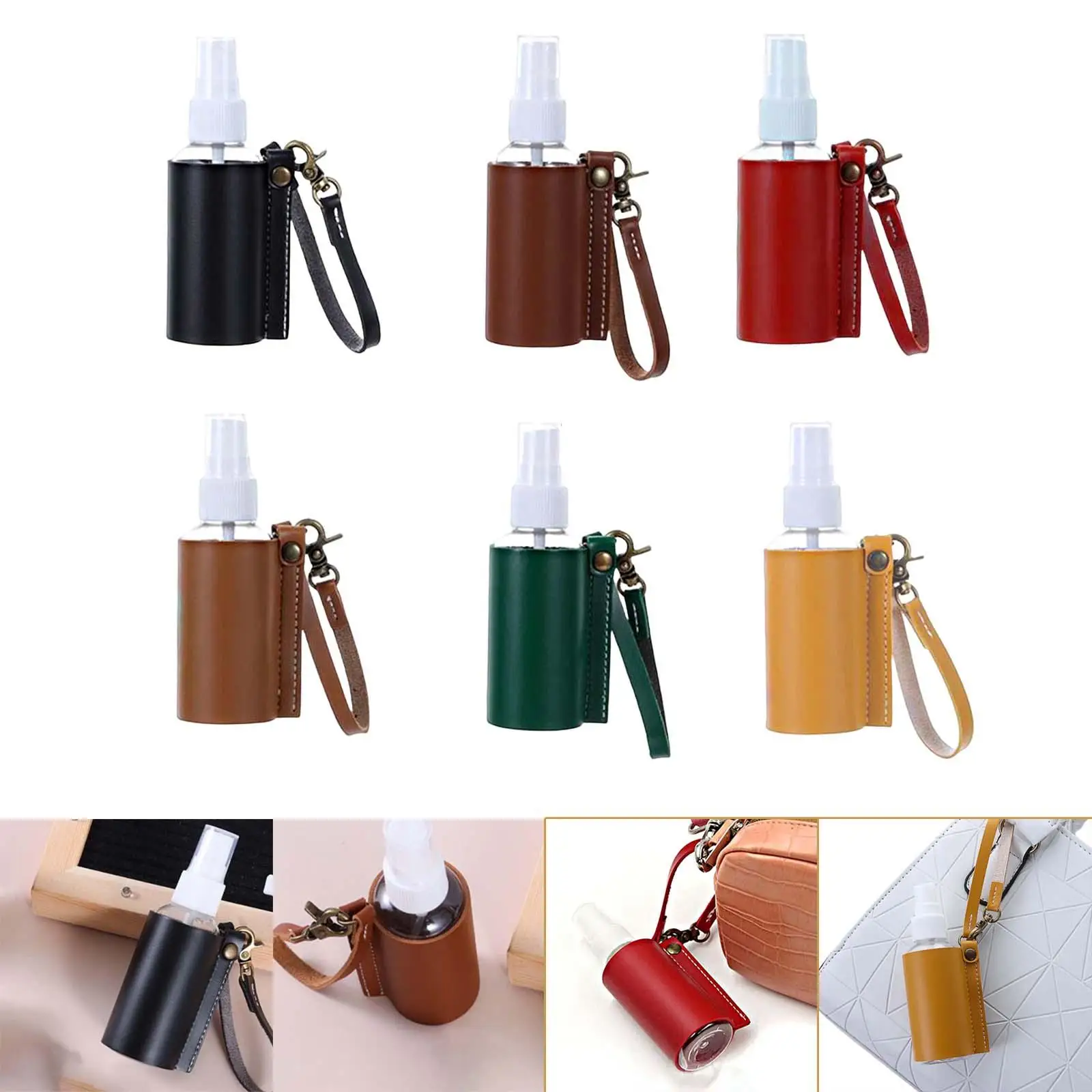Multi-colored Empty Bottle with PU Leather Case Bottle Holder with Carabiner for Toiletry Perfume Spray Travel Container Small