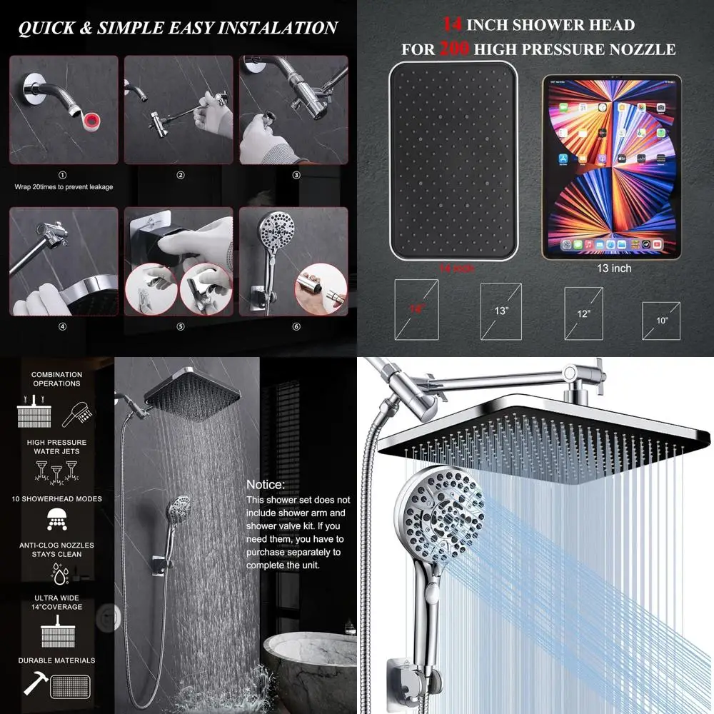 

14 Rain Shower Head Combo with High-Pressure Fixed and 10-Setting Handheld, Chrome Bathroom Accessories
