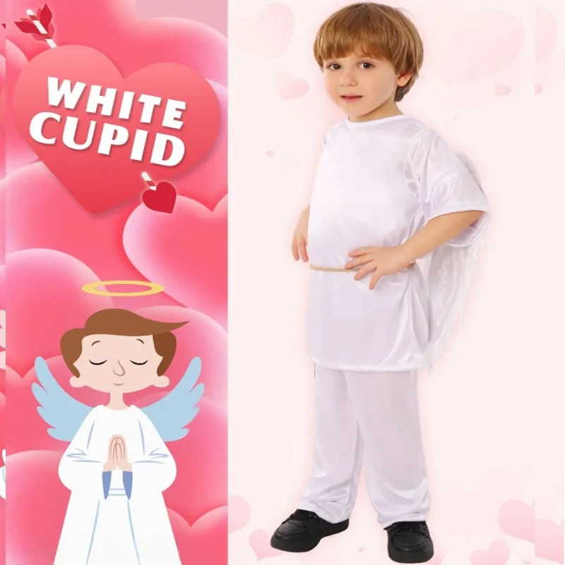 

Kids Cupid Cosplay Costume Boys Valentine White Clothes with Wings School Stage Performance Children Day Outfits Top Pants