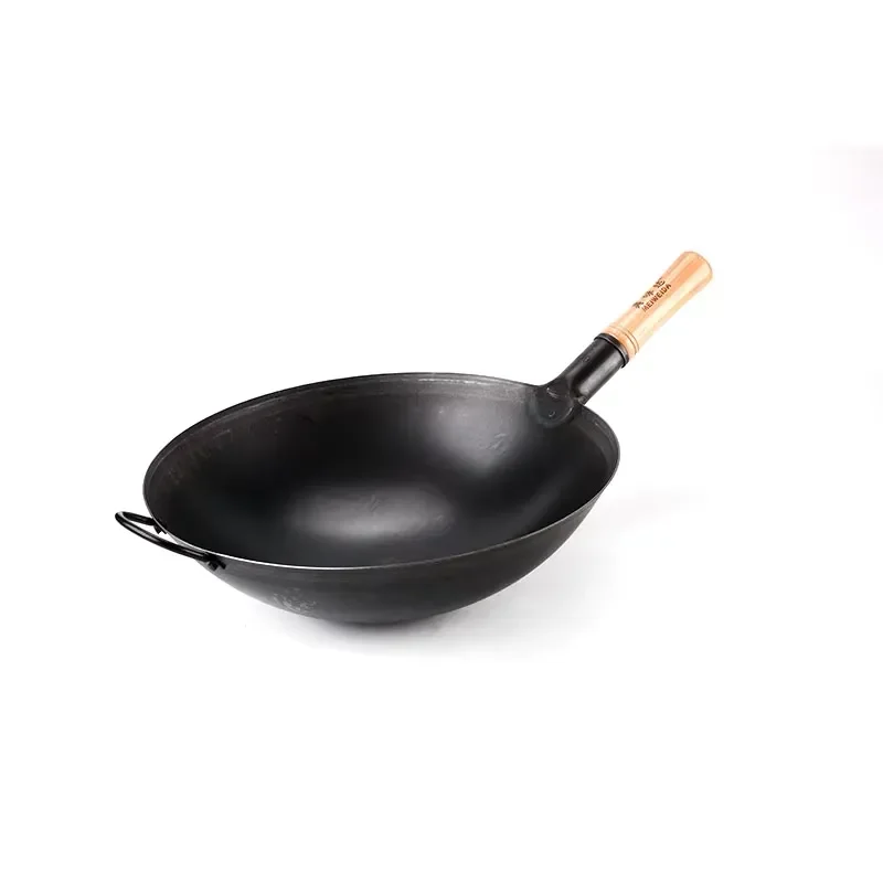 Hand Hammered Carbon Steel Wok with Beech Wood Handle 6.5L Non Stick Pan Compatible with Gas and Induction Cooker Traditional