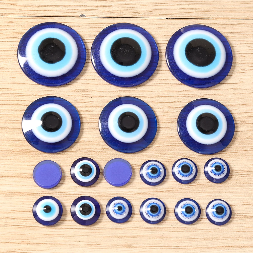 Tusember 8/10/14/20/25 mm blaue Evil-Eye-Harz-Cabochon-Perlen, lose Perlen mit flacher Rückseite, Anhänger für Halsketten, Armbänder, Schmuckherstellung – Detail 1