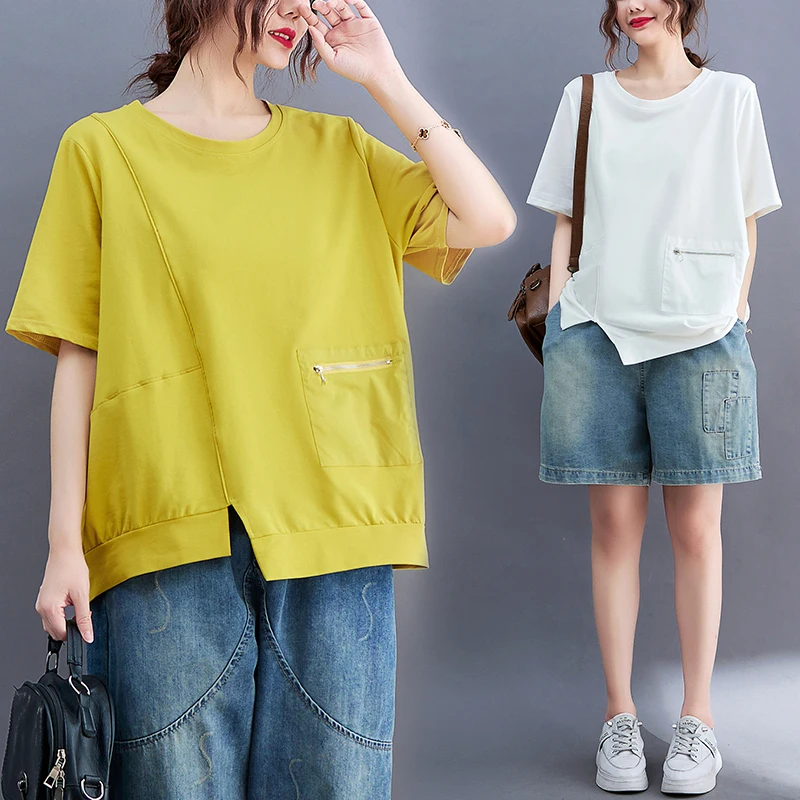 

Loose Fit Summer ort Sve T-irt Women's round Ne Zipper ket Detail Casual Top plus Size round Ne Basic Color