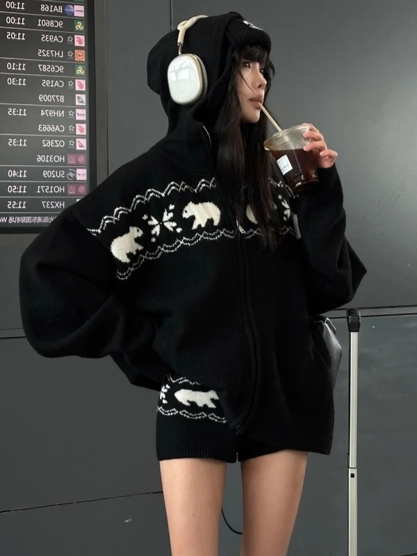 

Retro Style Hooded Zipper Knitted Jacket Shorts Set Women's Autumn Winter Lazy Sweater Pants Two Piece Set Fashionable Casual...
