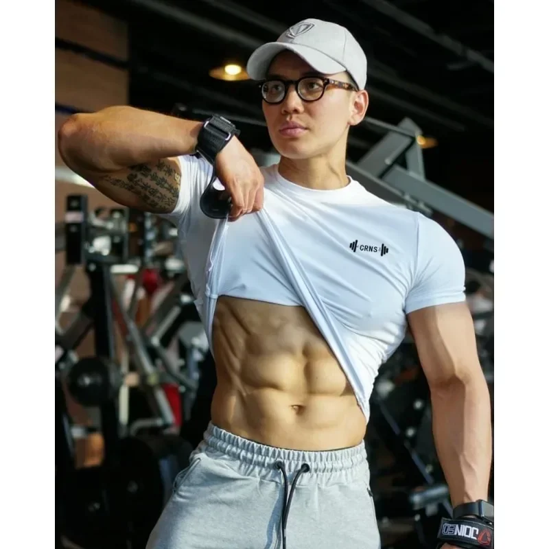 Men's Summer Gym Fitness Clothing Sports Skinny Tee Cotton Short Sleeve T-shirt Running Training Sweatshirt Bodybuilding Tights image 3