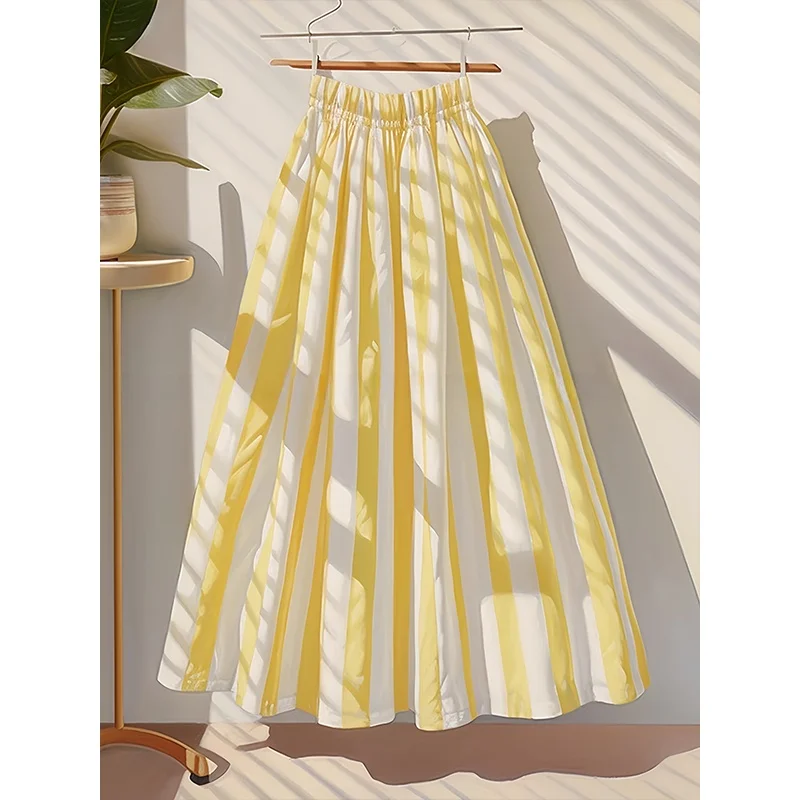 

Plus Size High Waist A-Line Skirt Yellow Stripes Cotton Linen Umbrella Skirt Women's Spring Autumn Faion f-length Skirts