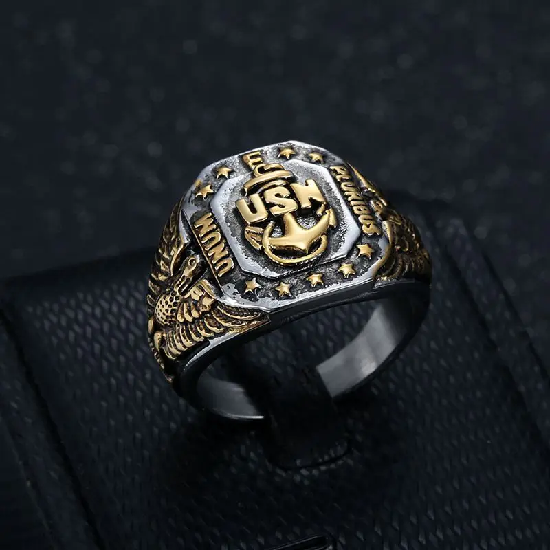 Hip Hop Bling Gold Color Stainless Steel US Navy USN Eagle Anchor Ring chunky Men Signet Rings for Men Jewelry Plus Size 8-15