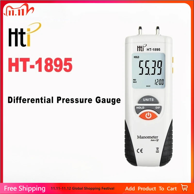 

HTI HT-1895 Handheld Proable Digital Manometer Air Pressure Meter Differential Pressure Gauge Gas Pressue Tester LCD Display