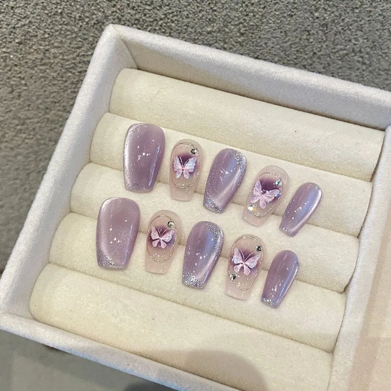 

10Pcs Handmade Nails Purple Gilded Cat Eye Butterfly Medium-Length Press-On Nail Tips Perfect Gift for Women and Friends