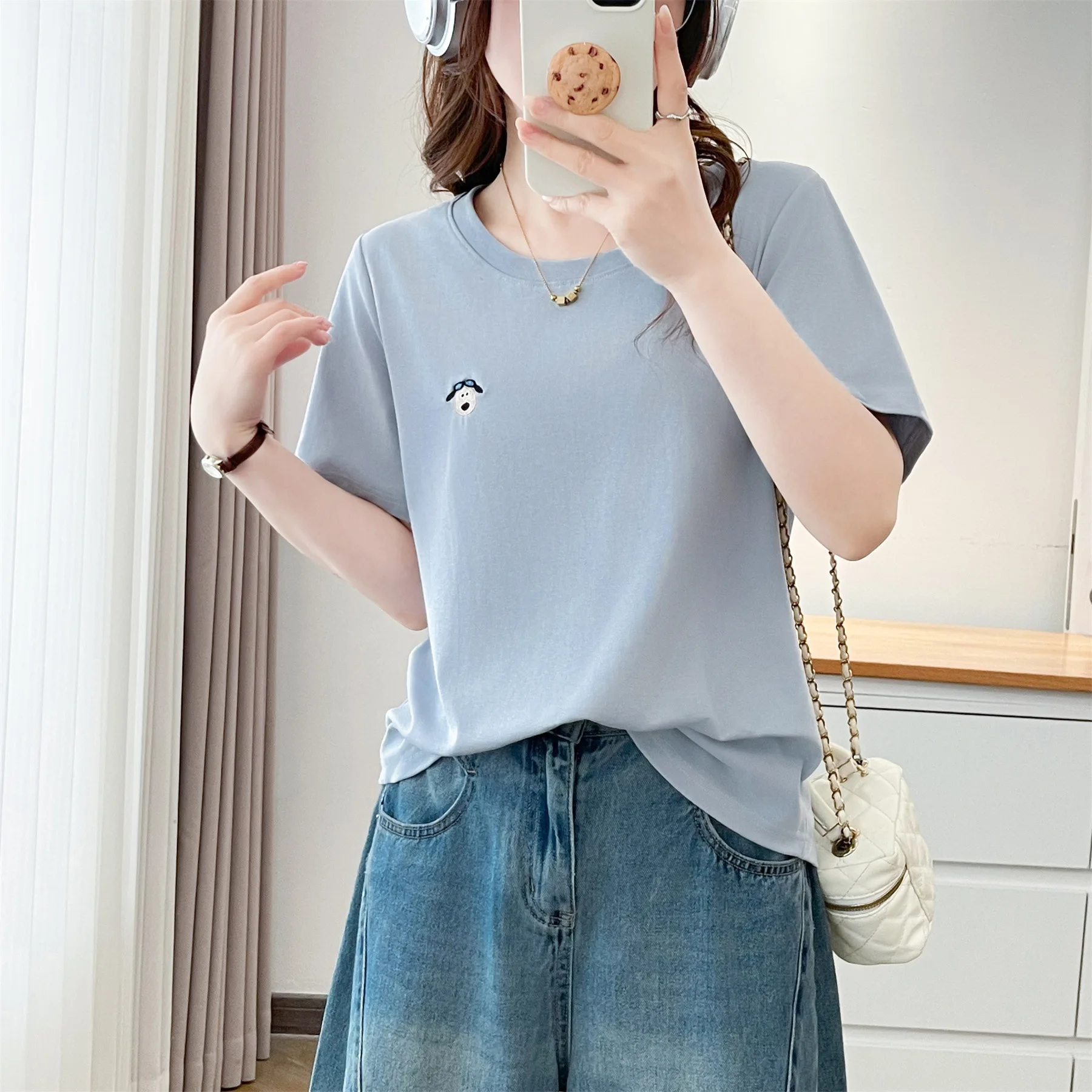 

2026 Summer Plus Size Cotton T-shirt For Women Simple Embroidered O Neck Short Sleeve Casual Tops Slim Tee Curvy Ladies 8850