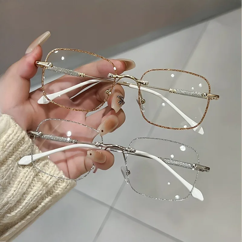 

2pcs Vintage Art Metal Frame Glasses Elegant Frameless Blue Light Blocking Glasses, Suitable for Men and Women