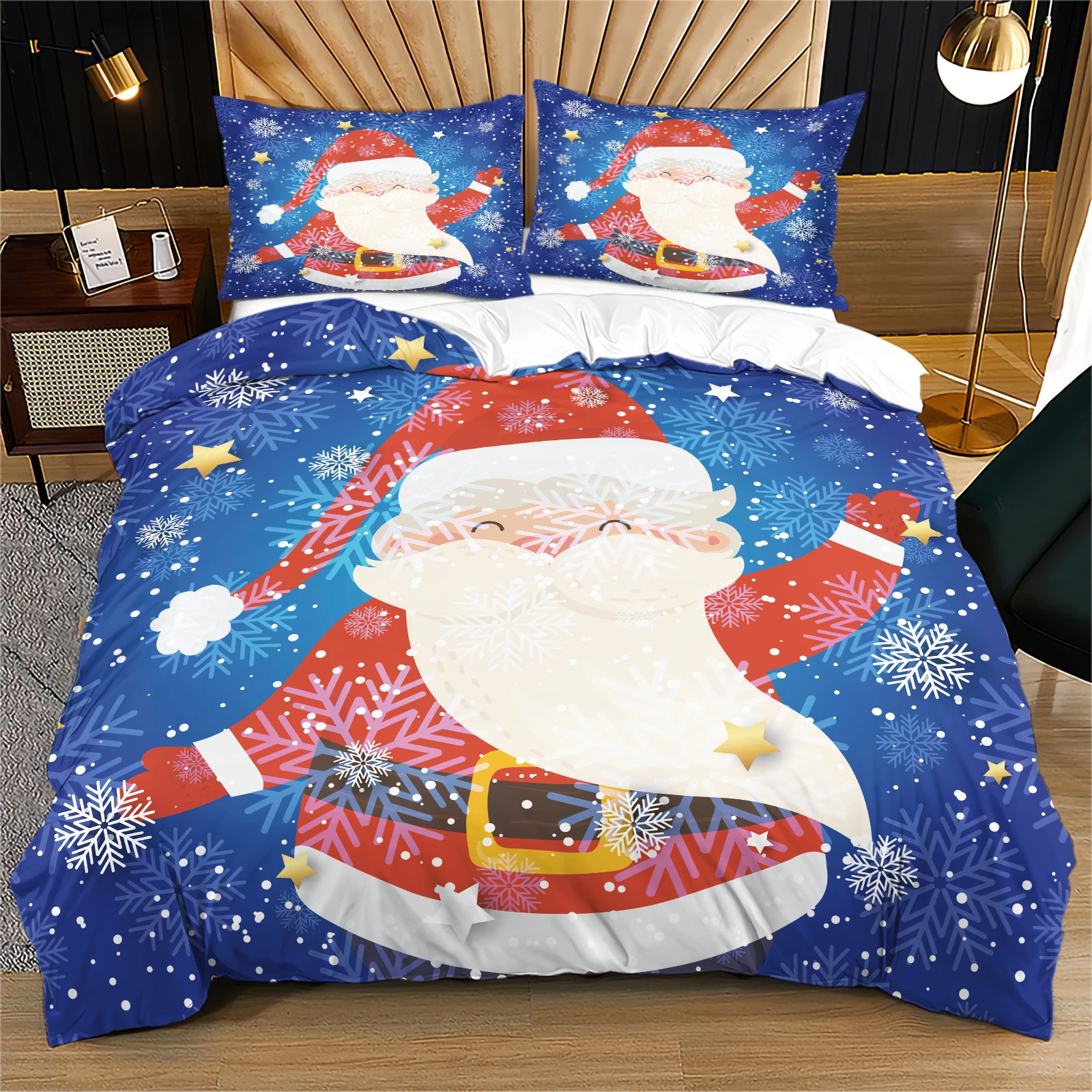 Cute Santa Claus Duvet Cover Set Big Smiling Santa Open Arms on Deep Blue Snowflake Background Christmas Bedroom Decor