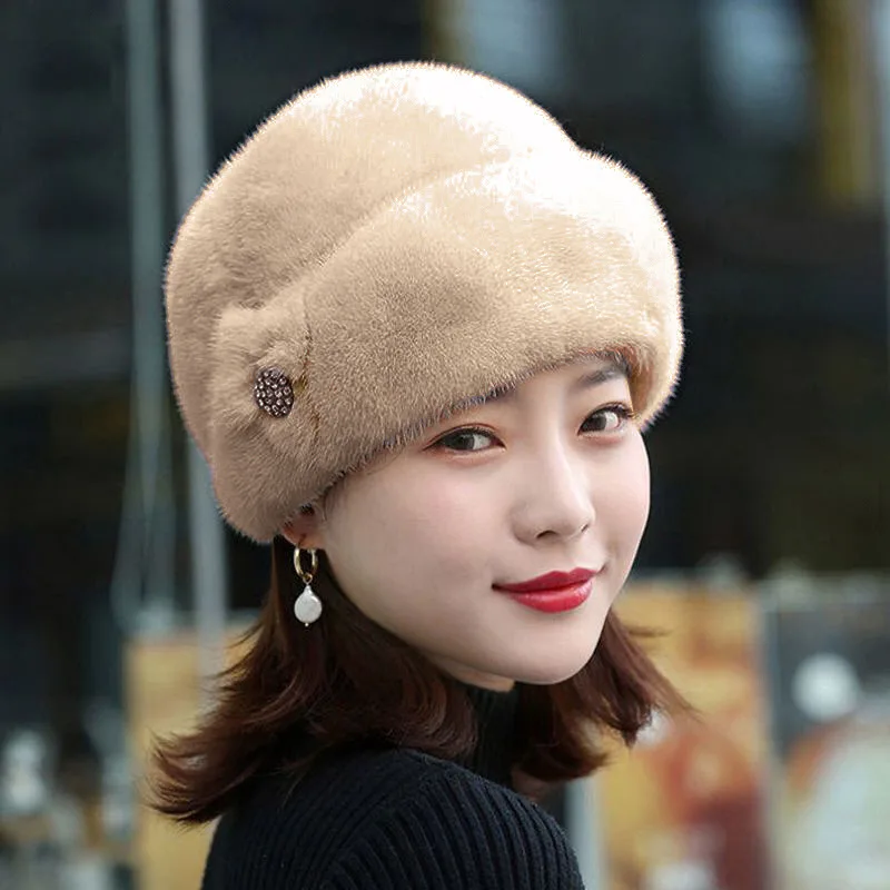 Hat Women Winter Warm Cap Fashion Princess Hat Warm Mink Fox Fur Hat ThickenedBeret Faux Fur Hat Furry Fleece Thickening Caps