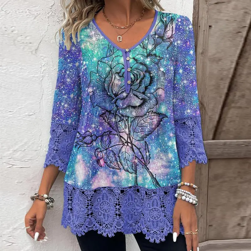 

Plus Size Women 3/4 Sleeve V-neck Floral Printed Graphic Button Lace Tops