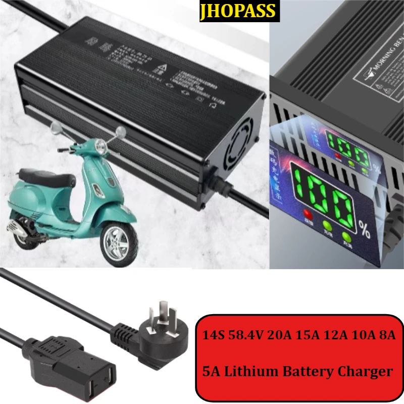 

LCD Smart 58,4 В LiFePO4 Зарядное устройство для литиевой батареи для электрического скутера, мотоцикла, электронного велосипеда - несколько вилок переменного тока 110 В 220 В, ЕС, Австралии, США, Великобритании