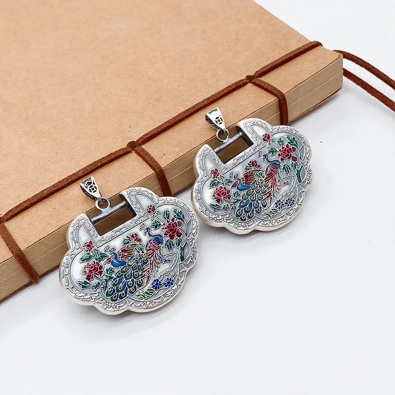 Classic National Style Enamel Colored Pastoral Style Flower and Phoenix Ruyi Lock Pendant 925 Silver Necklace for Women Jewelry