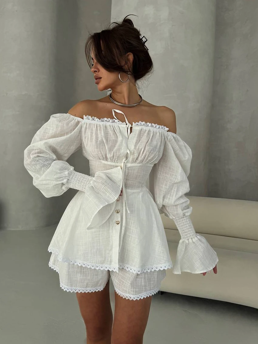 

Marthaqiqi хлопковая женская ночная рубашка, сексуальная пижама с разрезом на шее, ночная рубашка с длинными рукавами, одежда для сна на шнуровке, шорты, повседневная ночная рубашка, комплект