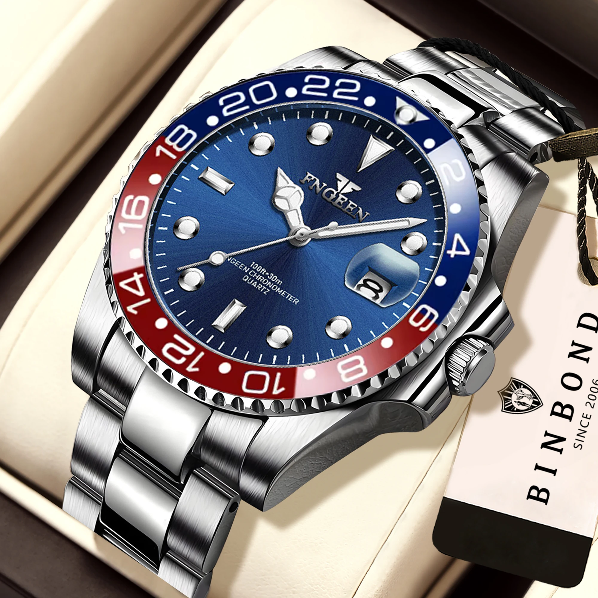 BINBOND Orginal Precise Quartz Wristwatches for Men Luxury Luminous Waterproof Auto Date Men's Watch Stainless Steel Strap Reloj image 2