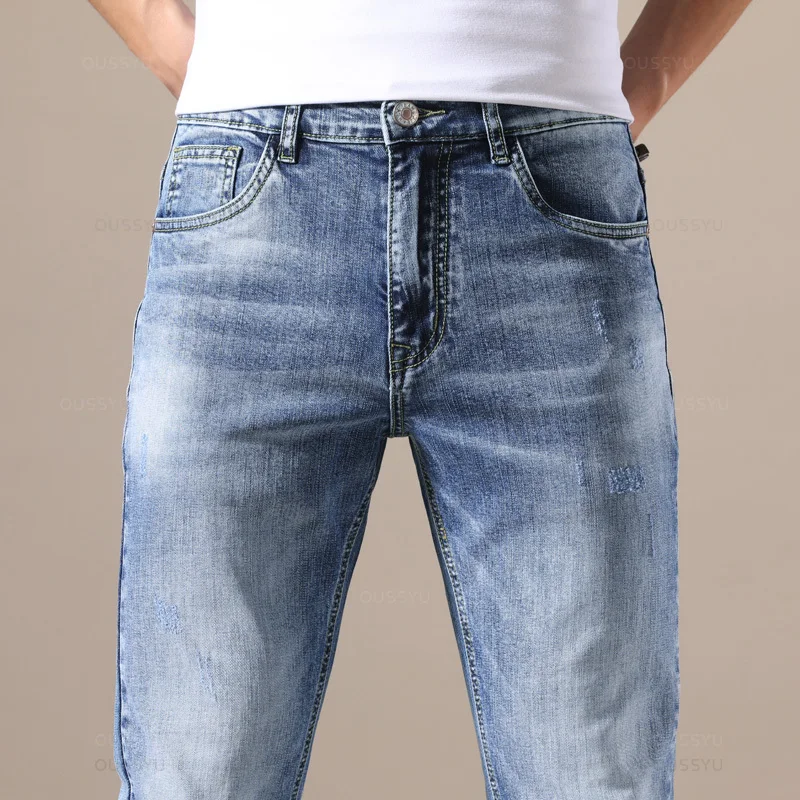 Oussyu-Calças jeans azul claro estrias masculinas, calças plissadas, bolso retrô, calças magras, roupas de marca de alta qualidade, moda, 28-40