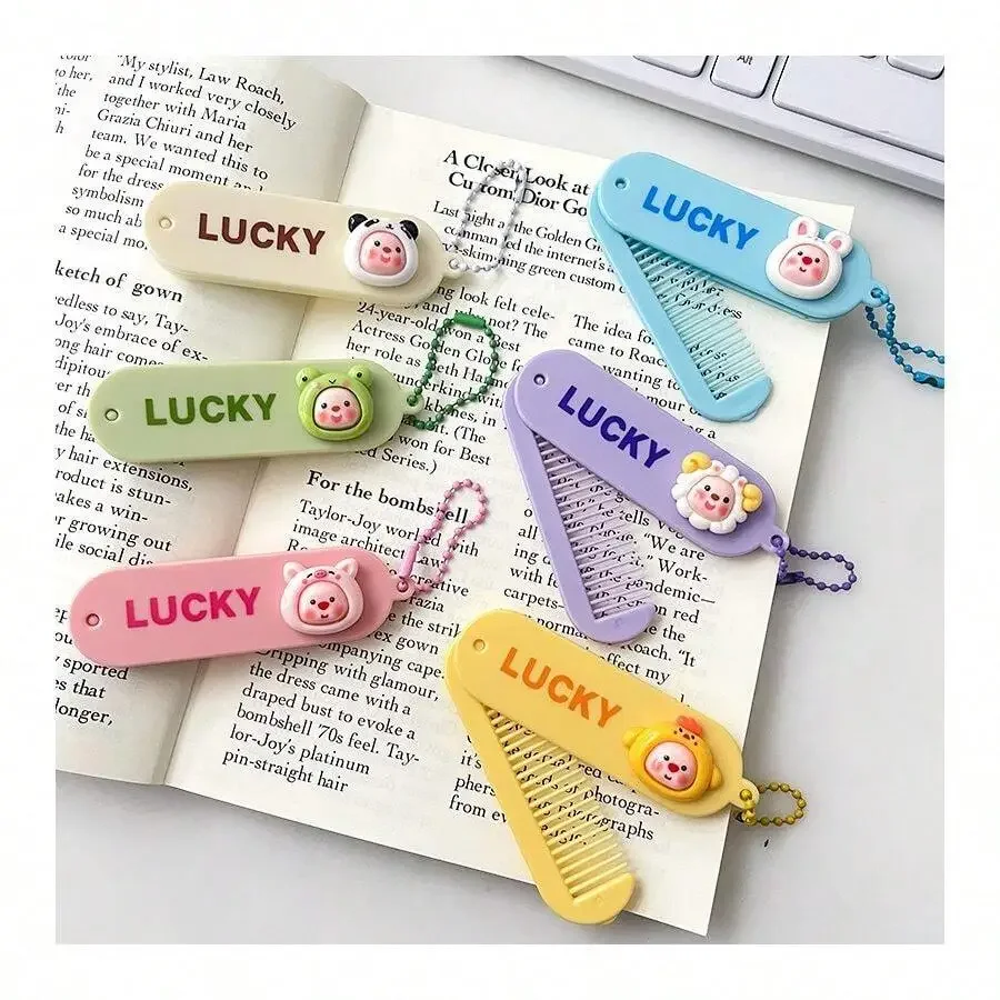 

Portable Folding Plastic Comb With Cartoon Animal Charm For Women Long Hair