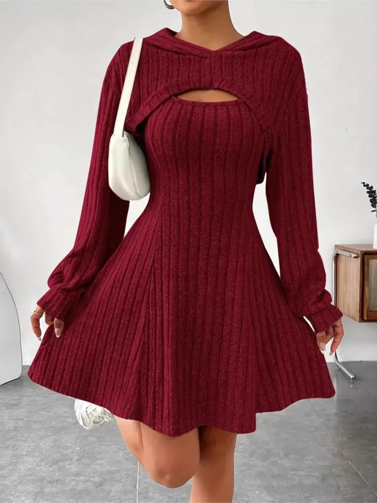 Herfst Winter Mode Gebreide Dames Rokkostuum Lange Mouwen Hoodie Top + Elegante Vrouwelijke Mouwloze A-lijn Tank Top 2-delige Set