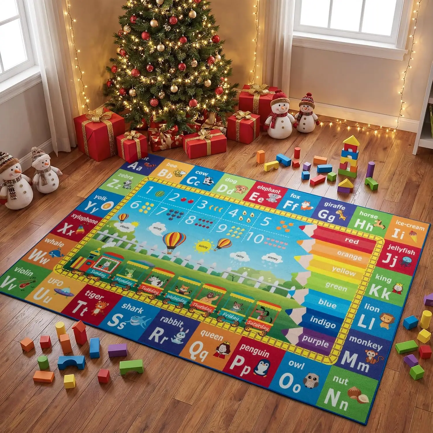 Washable Rainbow Kids Rug, Educational ABC Alphabet Play Mat, Colorful Learning Carpet for Playroom Bedroom Nursery Room