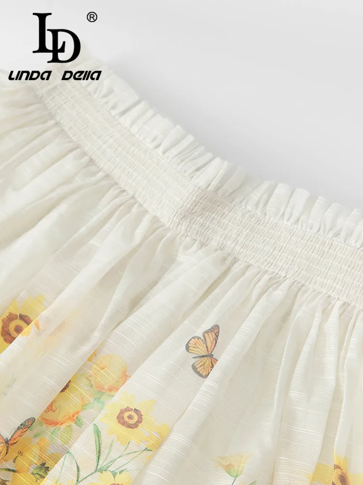 Imagem -06 - Linda Della 2024 Outono Conjuntos de Saias Casuais Feminino com Decote em v Amarelo Impressão Chiffon Topo Mais Cintura Elástica Saias Drapeadas Peças Conjunto ld