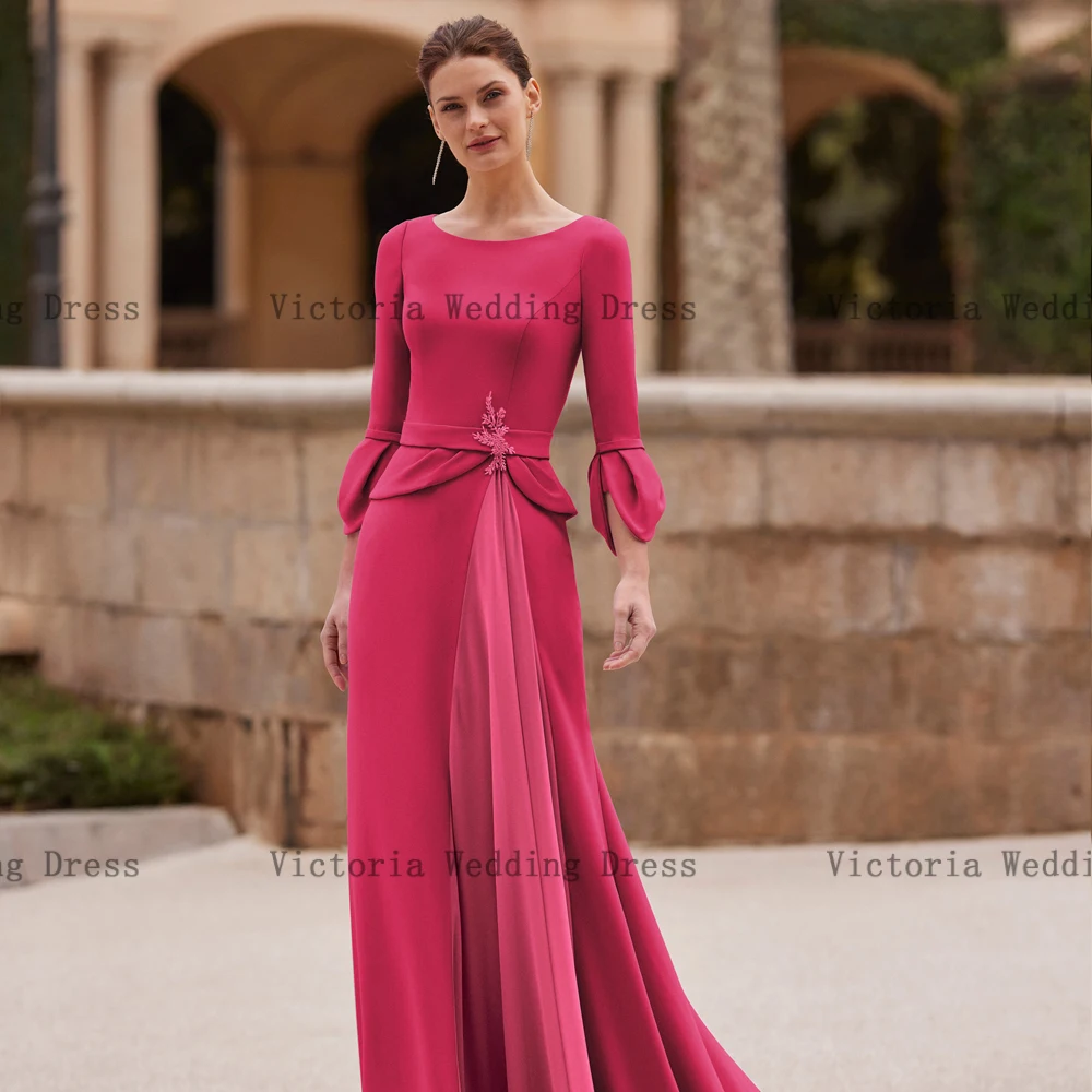 Vestidos Elegantes para madre de la novia, vestidos de manga larga con cuello redondo, plisados con cuentas, longitud hasta el suelo, sirena