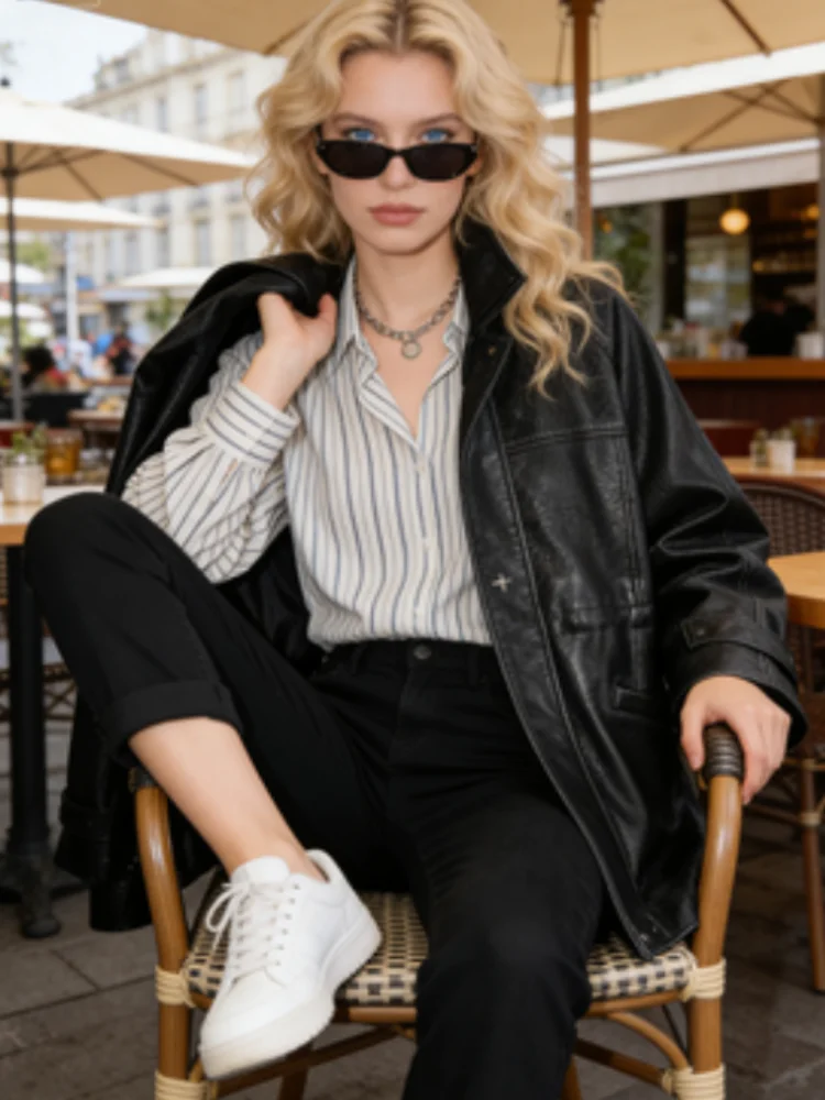 

Street Pu Leather Women Jacket Solid Stand Collar Long Sleeve Zippers Pocket Female Coat 2026 Spring Fashion Lady New Outerwear