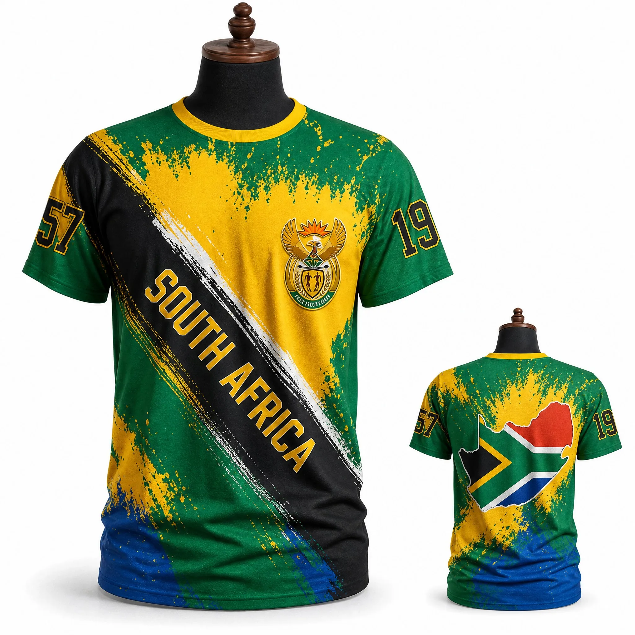Mens South Africa Round Neck T Shirt Green Splash Flag Crest Print Casual Short Sleeve Streetwear Summer Graphic Top Fashion Fit