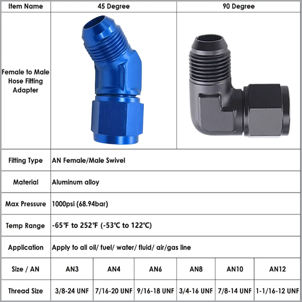 Oil Fuel Fittings Anodized Aluminum Adapter 45 90 Degree Female AN3 4 6 8 10 12 16 Swivel Adaptors To Male Black Blue Silvery