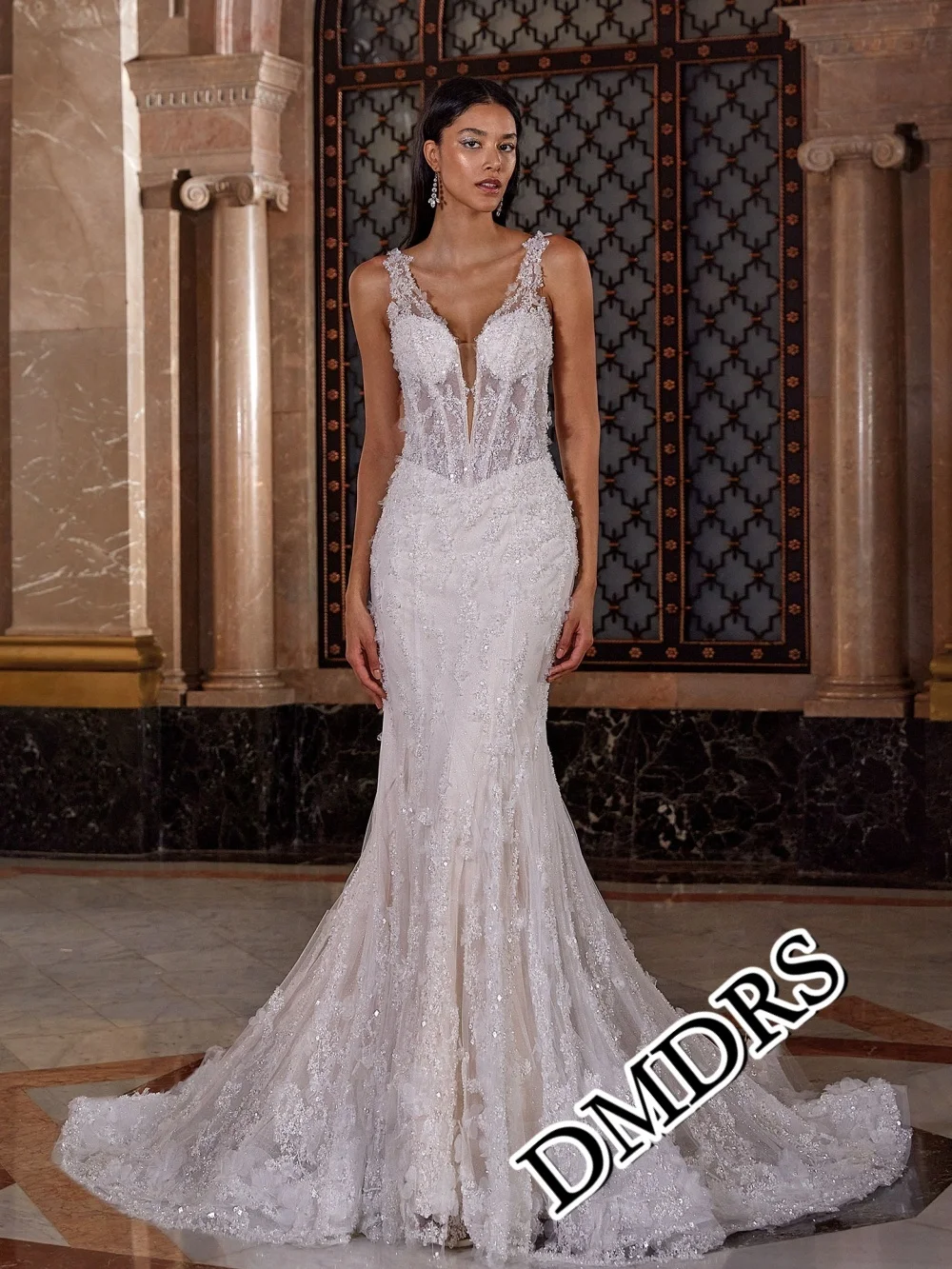 

DMDRS Sexy Deep V-Neck Wedding Dress Romantic Sleeveless A-Line Bridal Gowns Charming Appliquéd Floor-Length Wedding Gowns