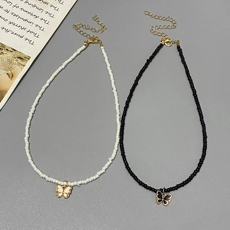 Korean Fashion Small Butterfly Pendnat Necklace for Women Girl Colorful Seed Beads Choker Necklace for Spring Summer Neck Jewelr