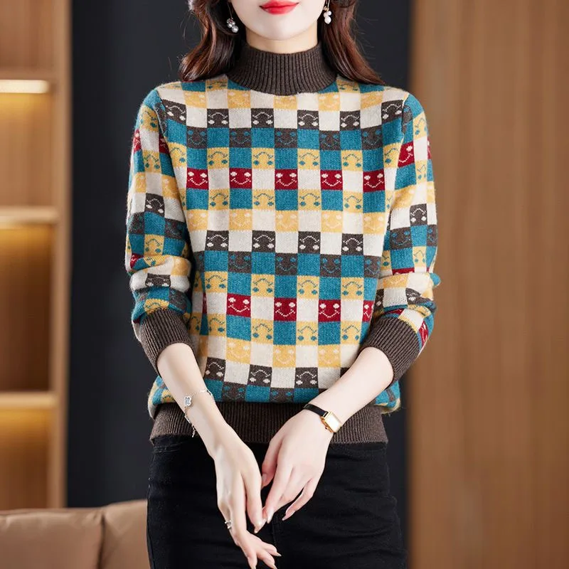 New Autumn/Winter Fashion Color Block Checker Half High Neck Loose and Versatile Western Commuter Middle Aged Mom\'s Sweater