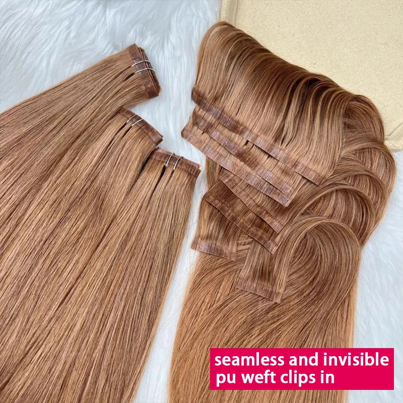 #30 Color Straight Hair Invisible Clip in Hair Extensions PU Seamless Double Weft 7Pcs/Set 100g 100% Raw Virgin Human Hair