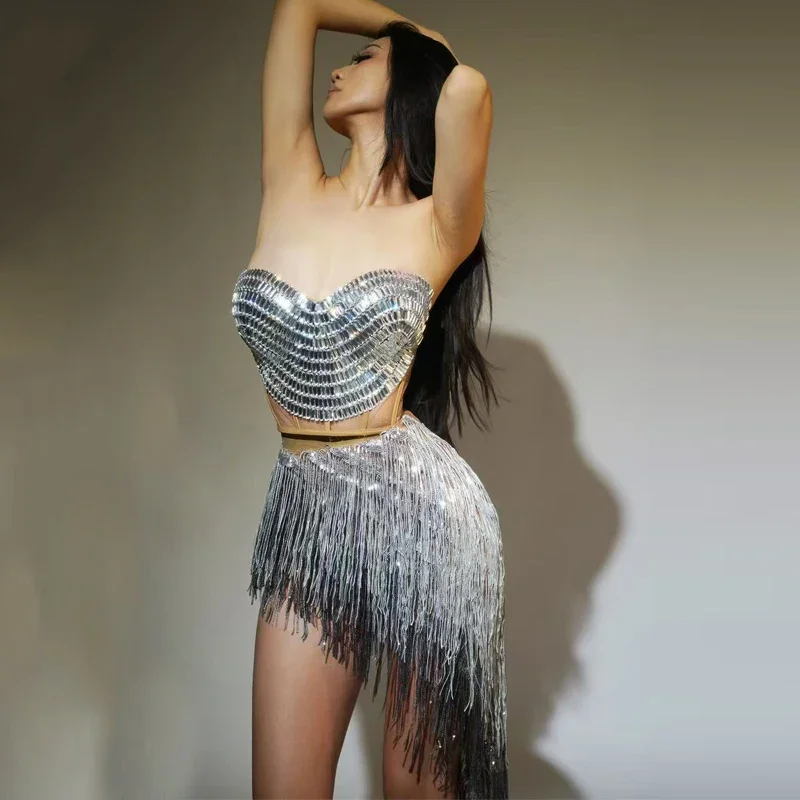 เพชรชุดผู้หญิงกลุ่มชุดประสิทธิภาพ Rhinestones กระโปรงบาร์ไนท์คลับ Dj Ds Gogo เครื่องแต่งกายเวที Rave สวมใส่