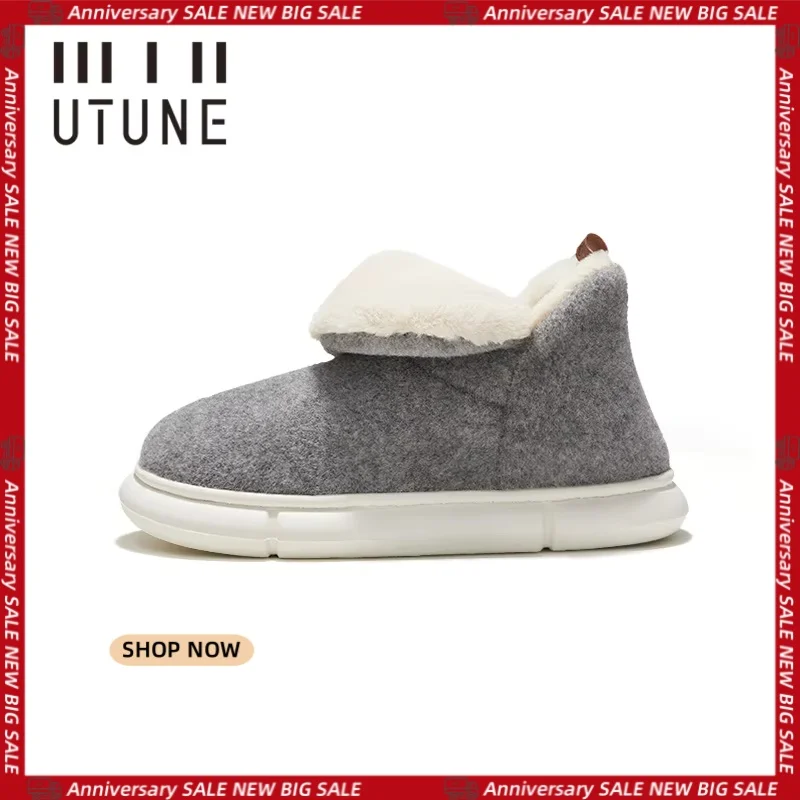UTUNE Men's Snow Boots Slippers Winter Warm Felt Women House Shoes Platform Indoor Slippers Plain Winter Boots Gray Size 46-47