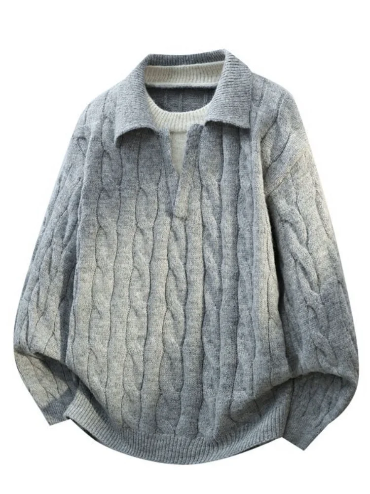 Men's Cable Knit Lapel Sweater Vintage Fake 2pcs Loose Oversized Casual Fall Winter Pullover Knitwear Coat