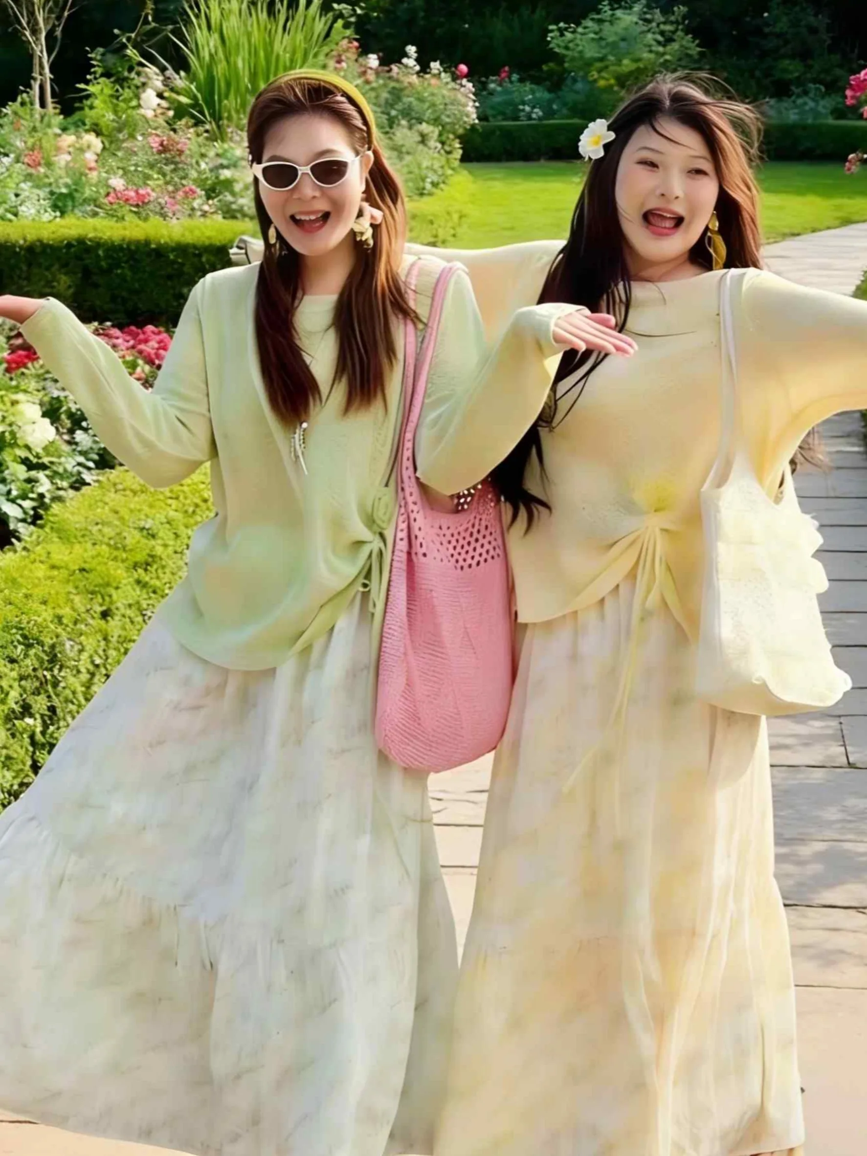

plus Size Women's Sweet Korean Style Two-Piece Set Long Sleeve T-Shirt with Drawstring Half-length Floral Skirt Spring Fashion