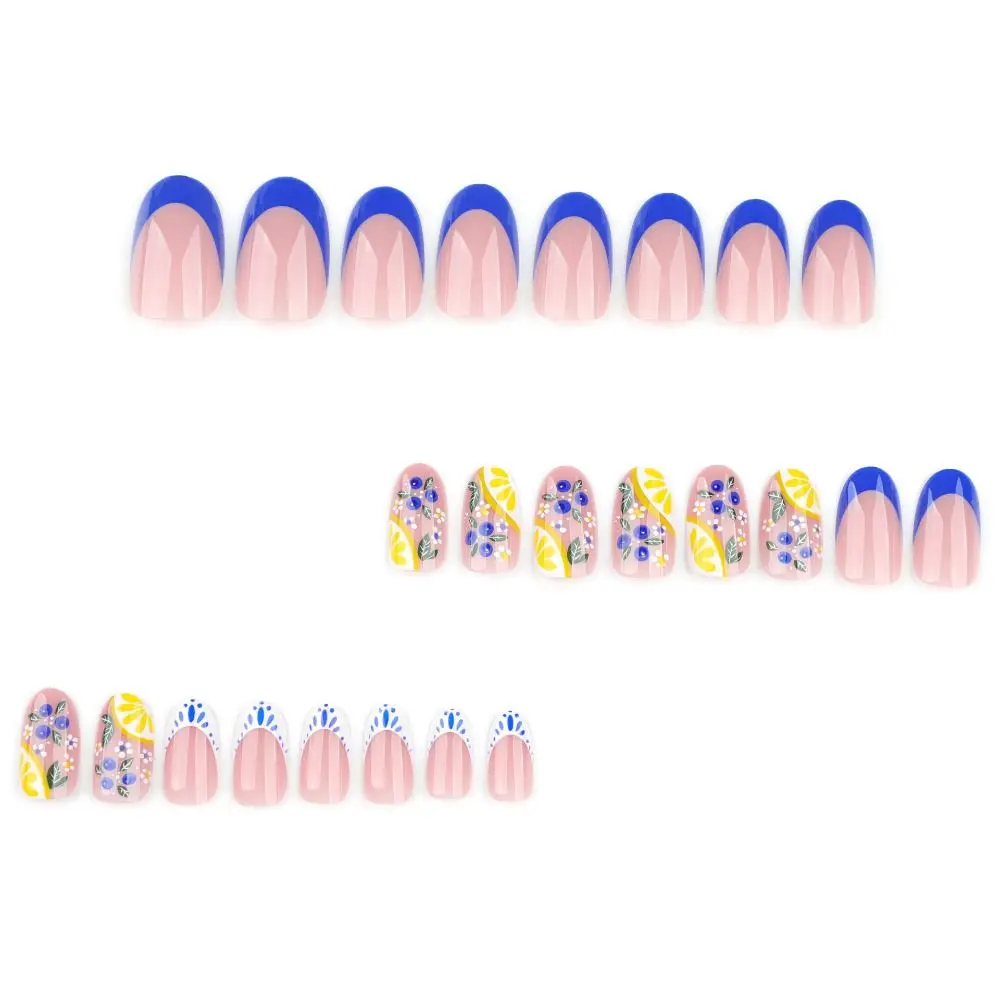 

Manicure Oval False Nails Blue French Fake Nails Detachable Fruit Lemon Nail Tips DIY