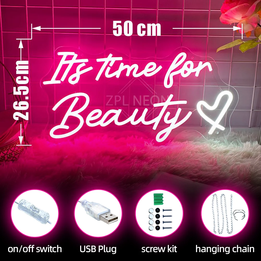 It's Time For Beauty Neon Sign Led Lights Beaty Salon Makeup Room Decor Wall Art Neon Light Led Sign For Clothing Shop Decor