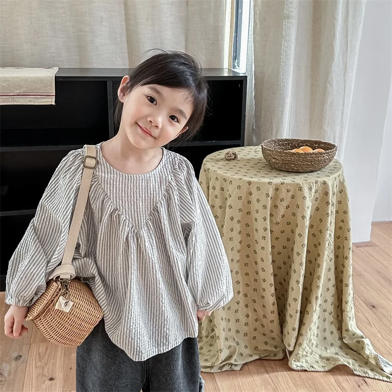 

Girl 2026 Spring Korean Style Toddlers Kids Striped Blouses Bat Sleeve Loose Tops Baby Girls Casual Shirts 1-7 Years Old